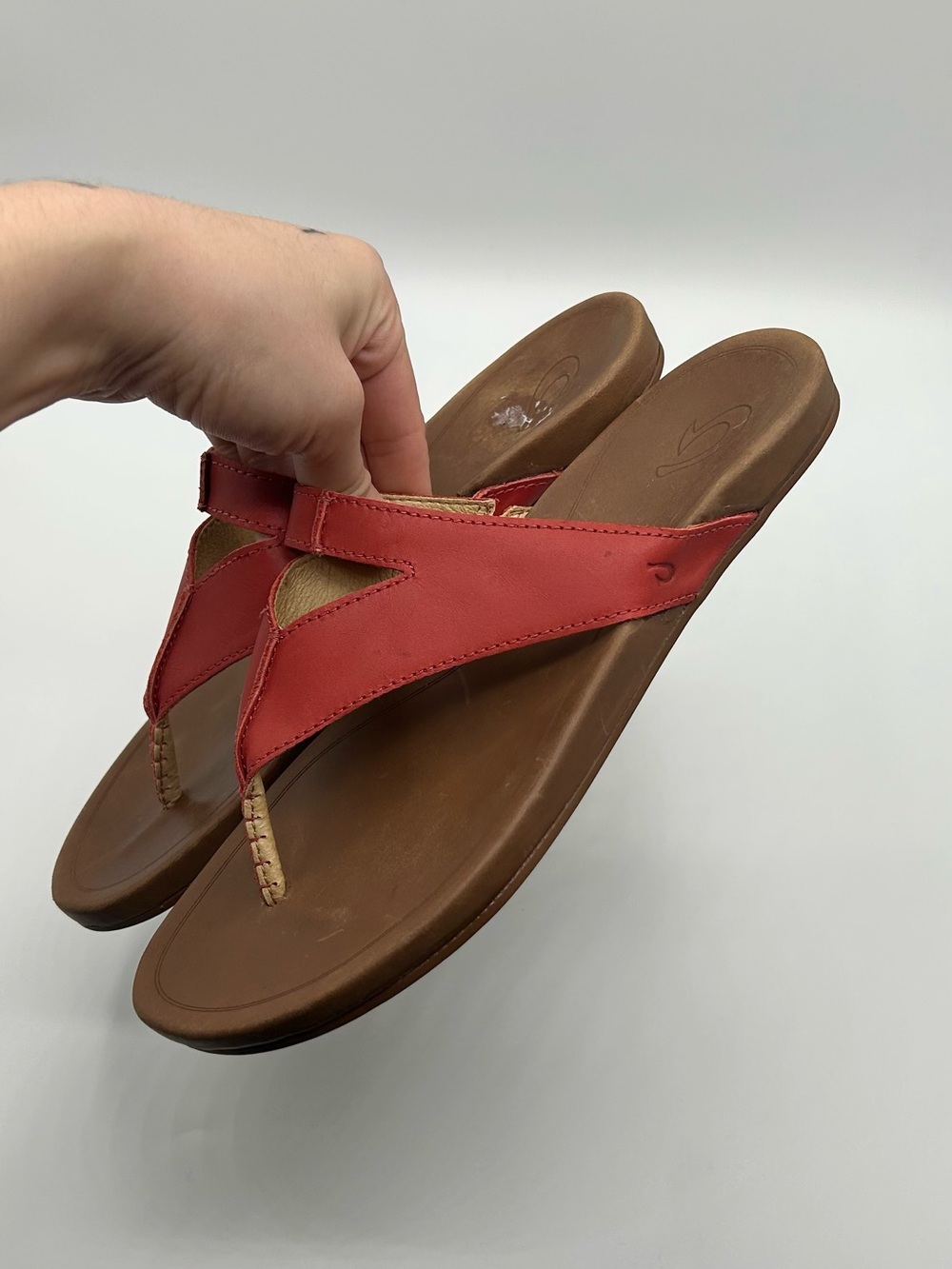 OluKai Red Leather Thong Sandals with Brown Footbed - Picture 3 of 8